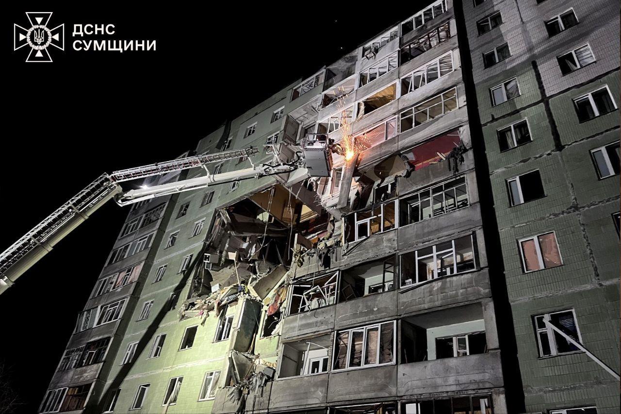 In Sumy, a drone struck a high-rise building overnight, resulting in casualties and injuries.